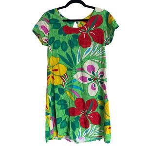 Hula Moon by Jams World Floral Rayon Shift Dress Green Hibiscus Made in Hawaii